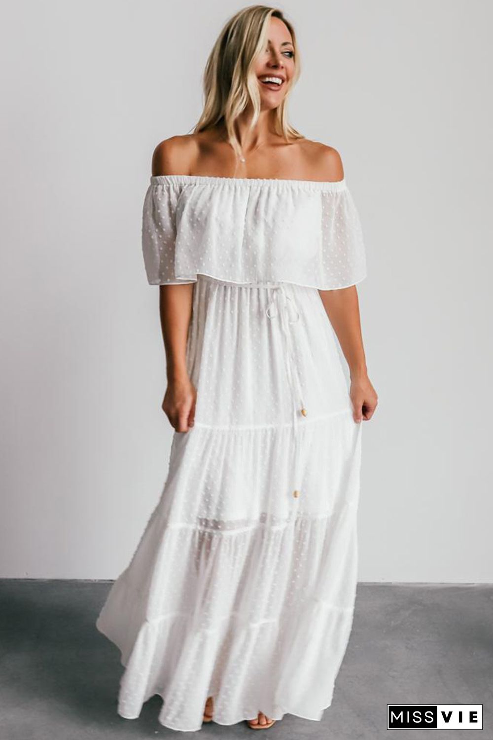 White Off Shoulder Ruffle Swiss Dot Maxi Dress