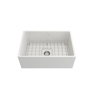 BOCCHI Contempo Farmhouse Apron Front Fireclay 27 in. Single Bowl Kitchen Sink with Bottom Grid and Strainer in White 1356-001-0120