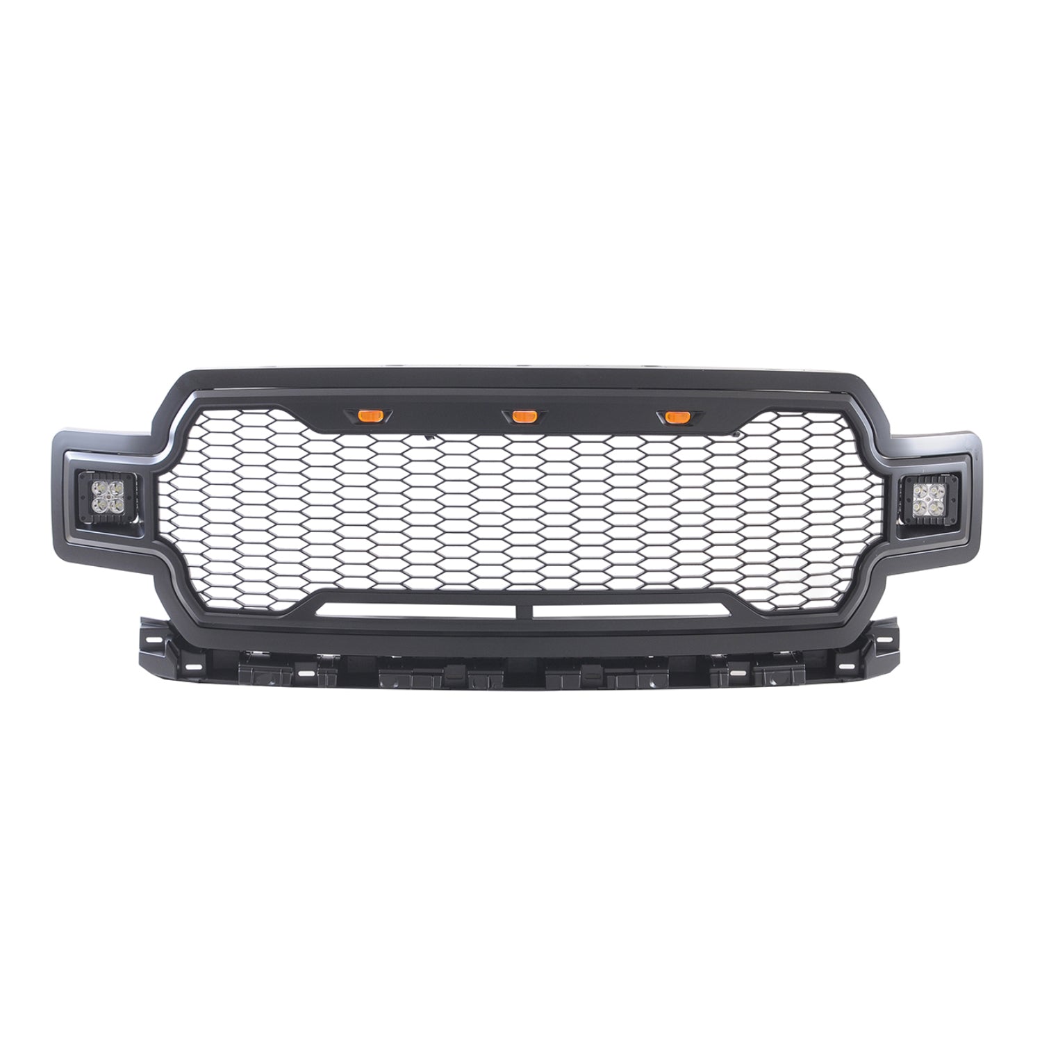 EAG Replacement Upper Grille ABS Front Mesh Grill Fit for 18-19 Ford F150 - Matte Black - with Three Amber LED Lights and Two 12W Square LED Lights