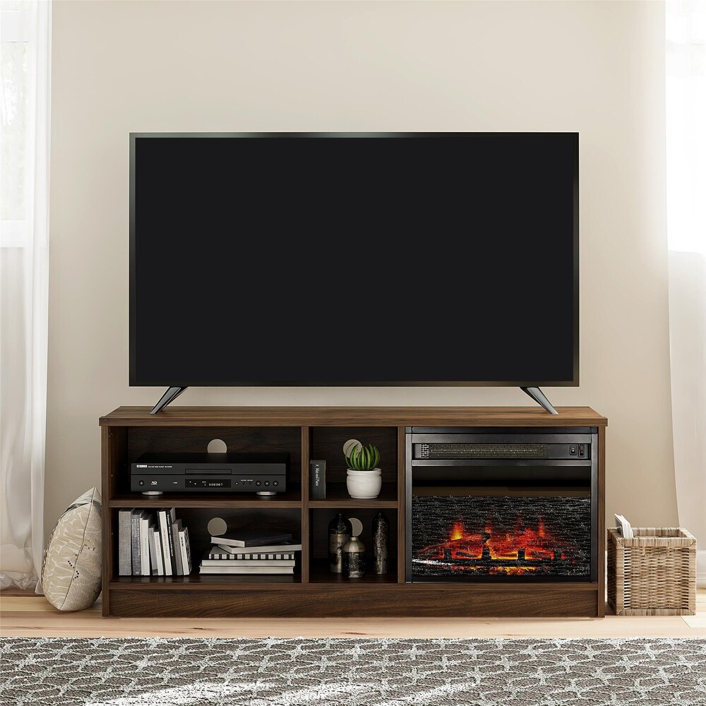 Ameriwood Home Nanton Asymmetrical 55 inch TV Stand with Electric Fireplace Insert and 4 Shelves