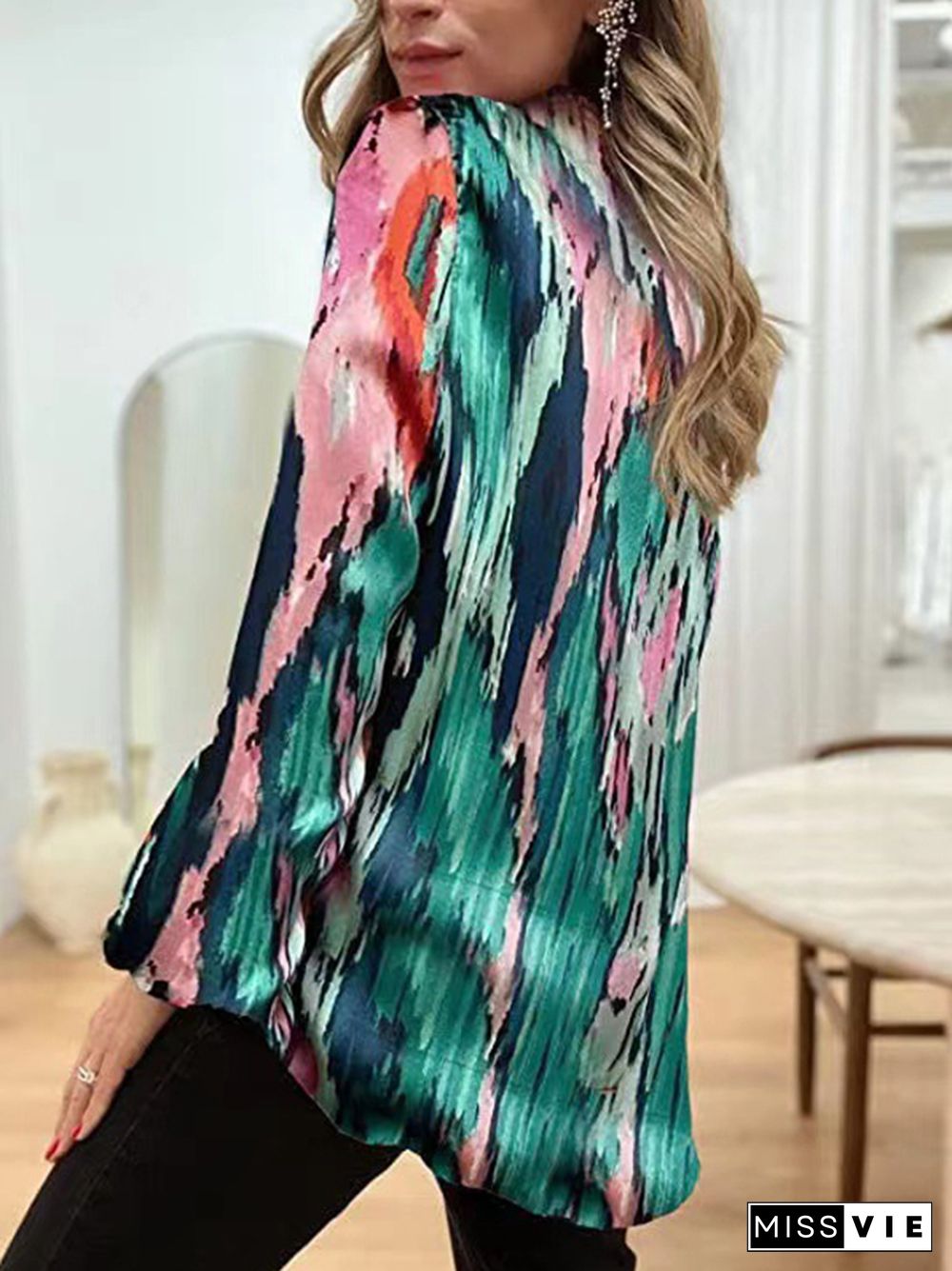 Long Sleeves Loose Printed V-Neck Blouses&Shirts Tops