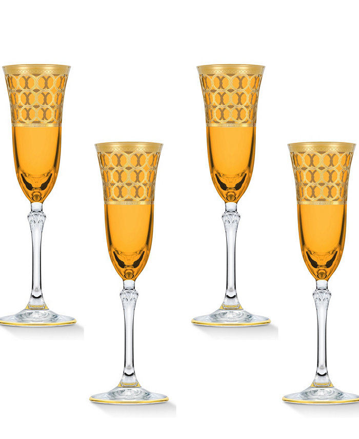 Lorren Home Trends Amber Color Champagne Flutes with Gold-Tone Rings Set of 4