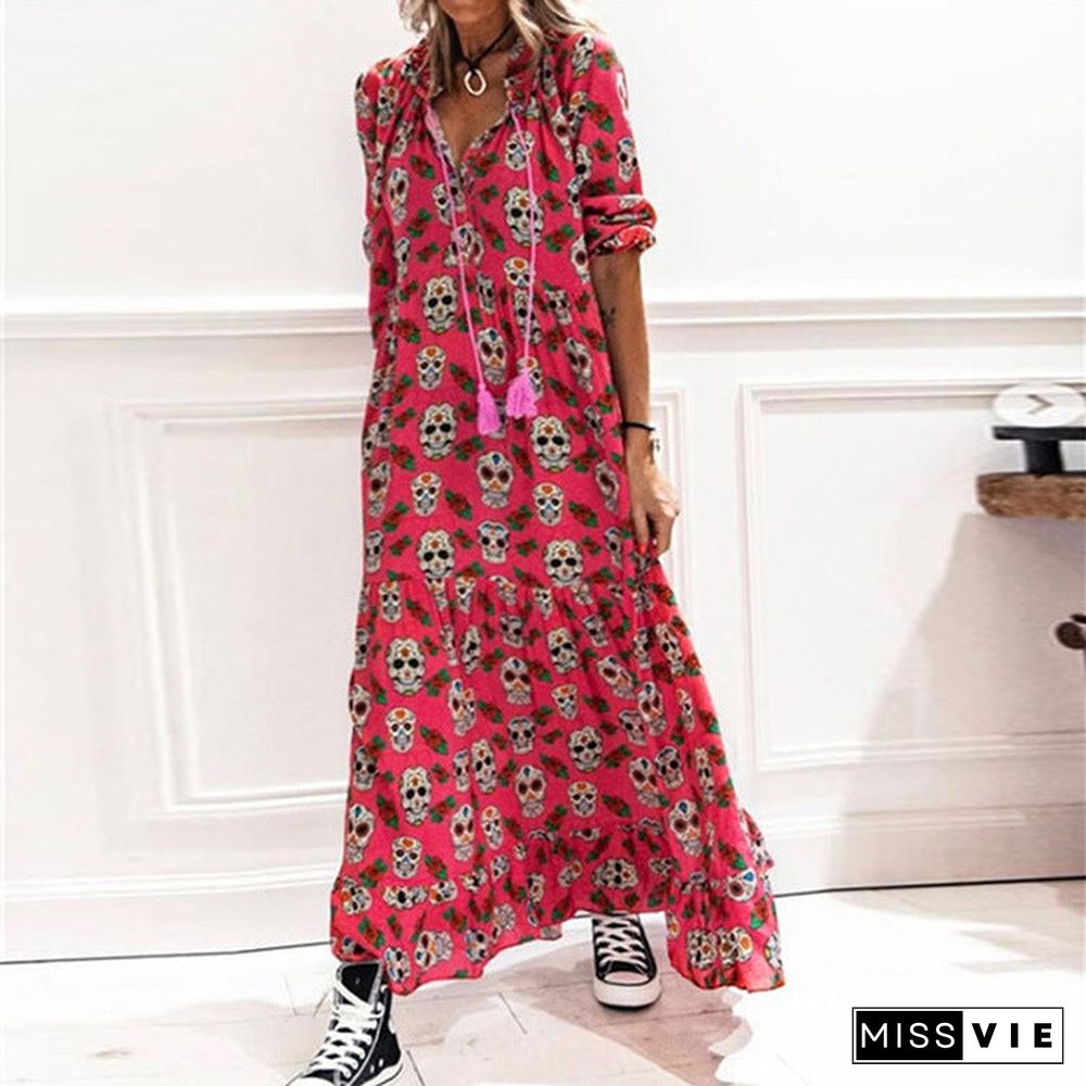 Long Sleeve V Neck Draw String Skull Print Long Maxi Dress