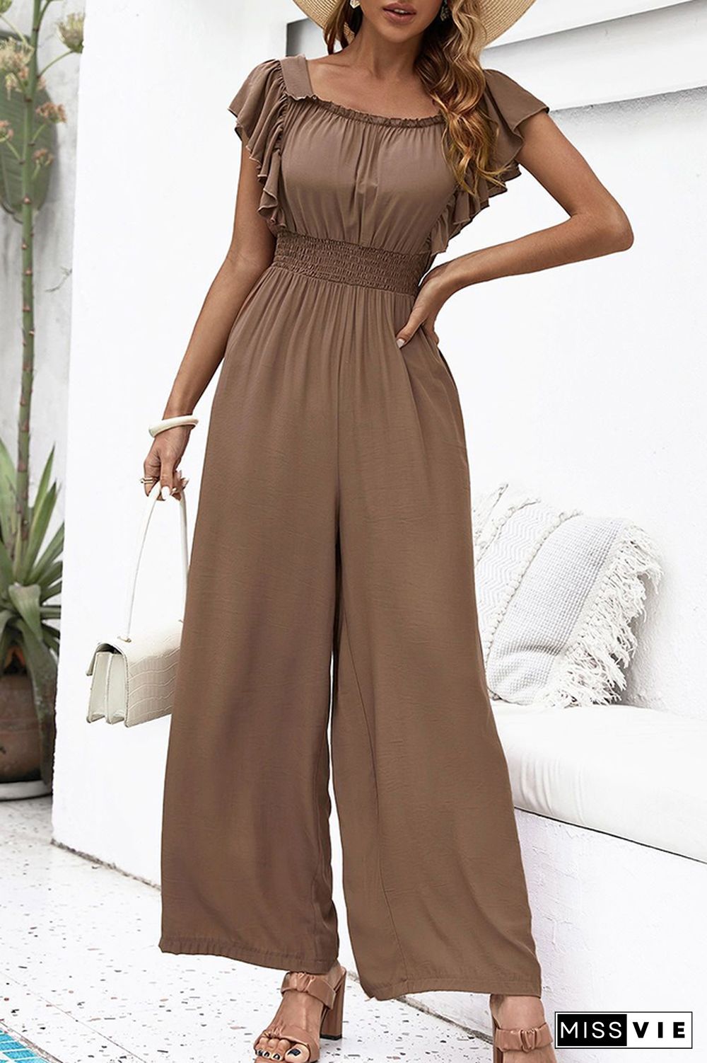 Solid Color Ruffle Long Wide Leg Jumpsuit Wholesale