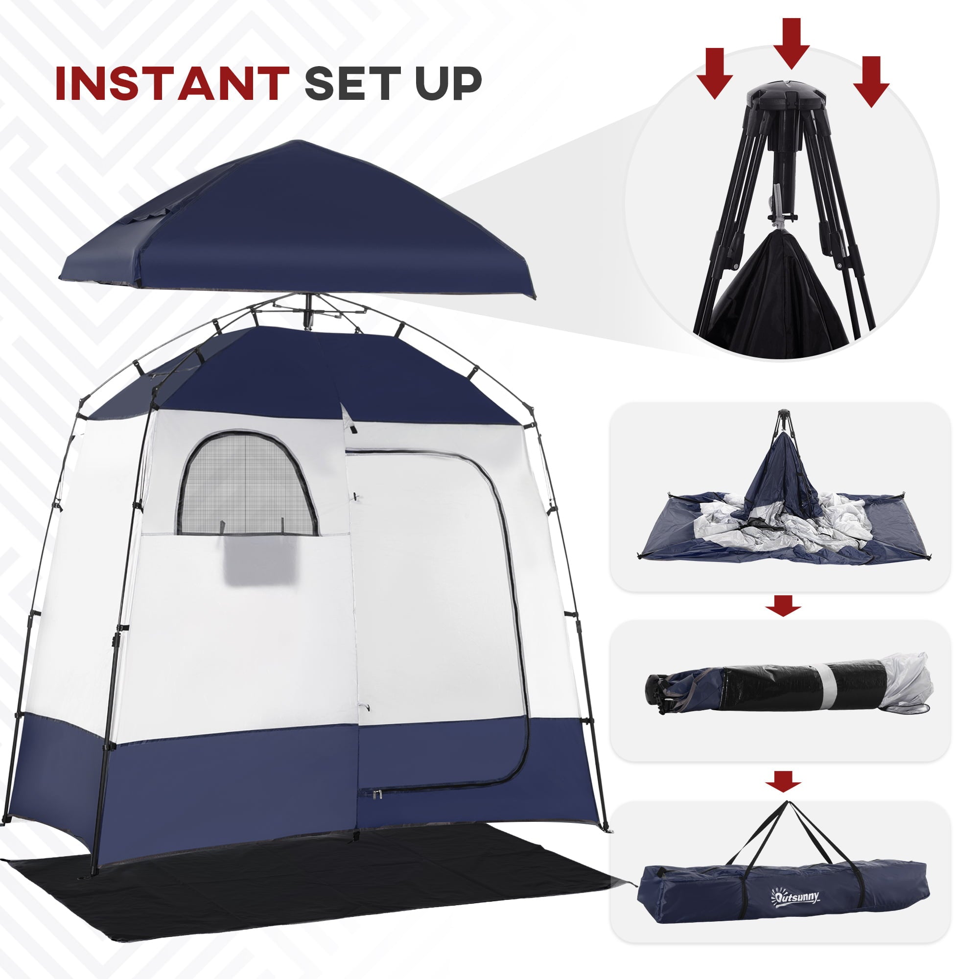 Outsunny Shower Tent, Pop Up Privacy Shelter for Camping, Dressing Changing Room, Portable Instant Outdoor Shower Tent Enclosure w/ 2 Rooms, Shower Bag, Floor and Carrying Bag, Blue