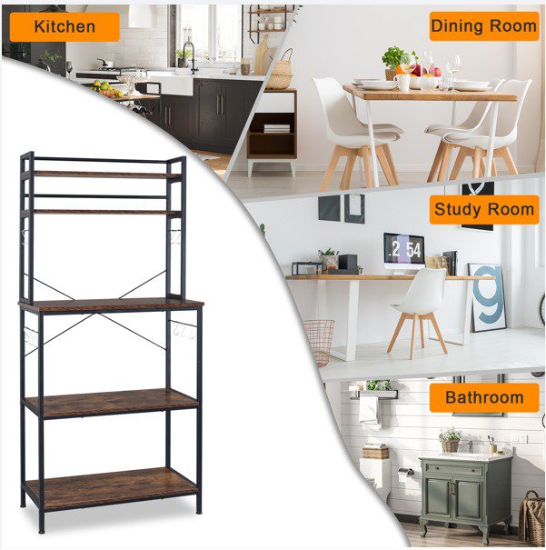 5-Tier Kitchen Bakers Rack with 10 S-Shaped Hooks， Industrial Microwave Oven Stand