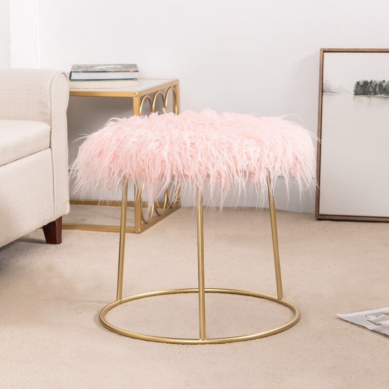 Adeco Vanity Stool Chair Fluffy Ottoman Footrest Round Metal Base