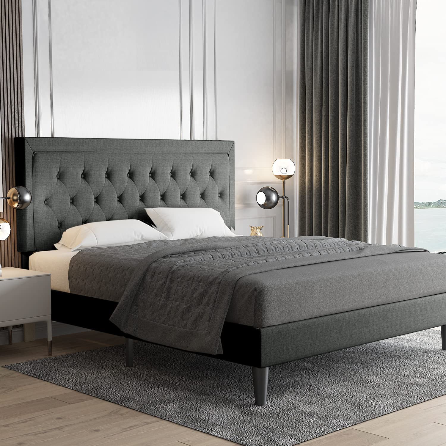 Allewie Queen Size Fabric Upholstered Button Tufted Platform Bed, Dark Grey