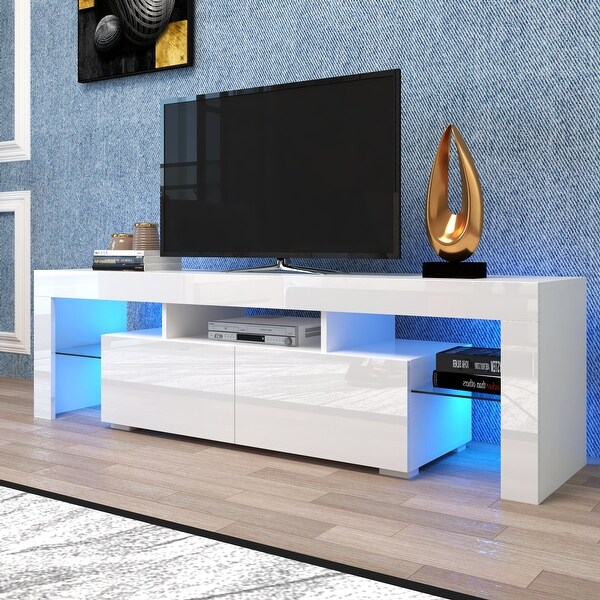 63''L Remote Control RGB LED Lights White TV Stand with 2 Storage Drawers， 3 Wood Shelf and 2 Side Glass Shelf (up to 70'')