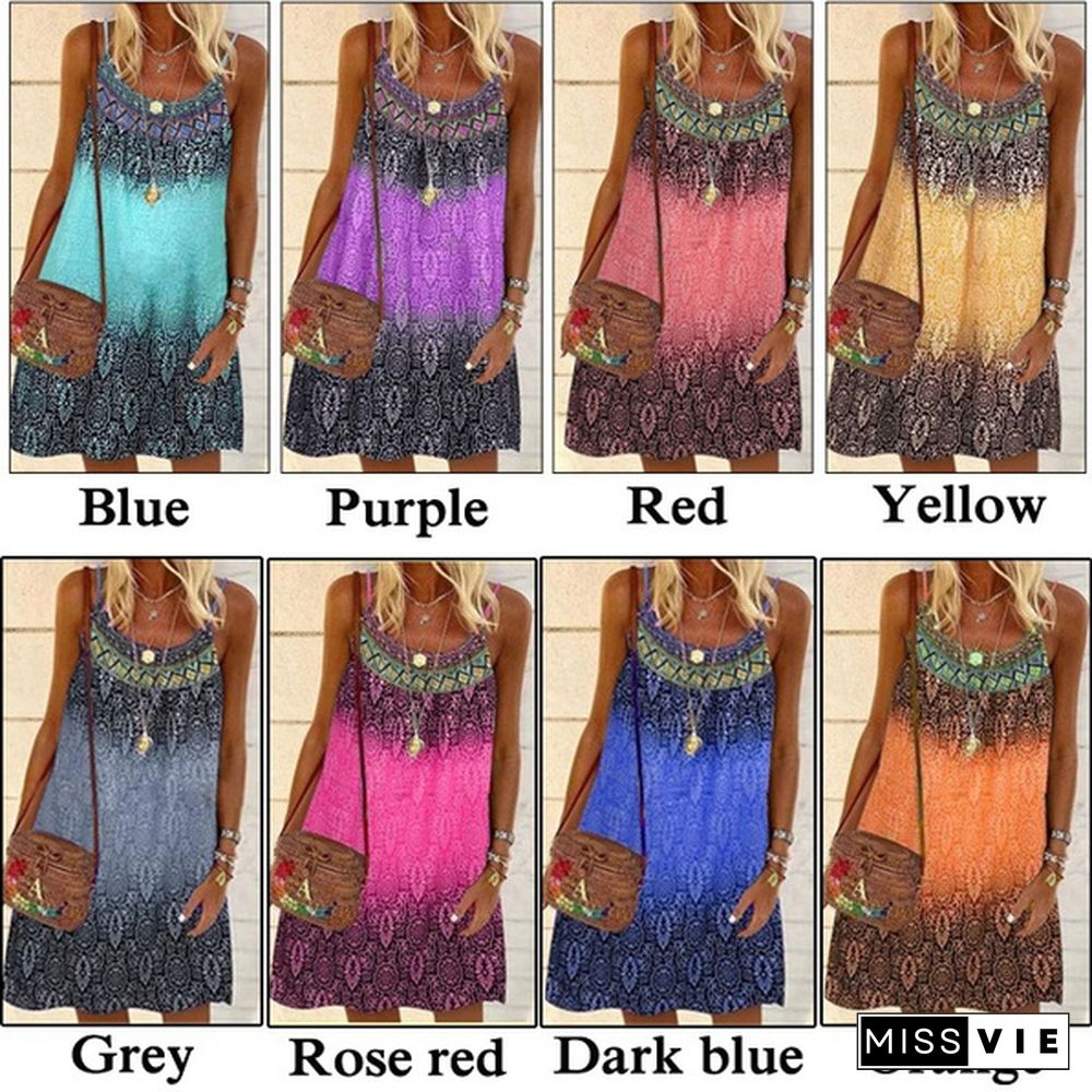 Women's Fashion Summer Casual Sleeveless Boho Style Halter Dress Loose Printed Party Mini Beach Dresses Ladies Robe Femme Plus Size Cami Dress