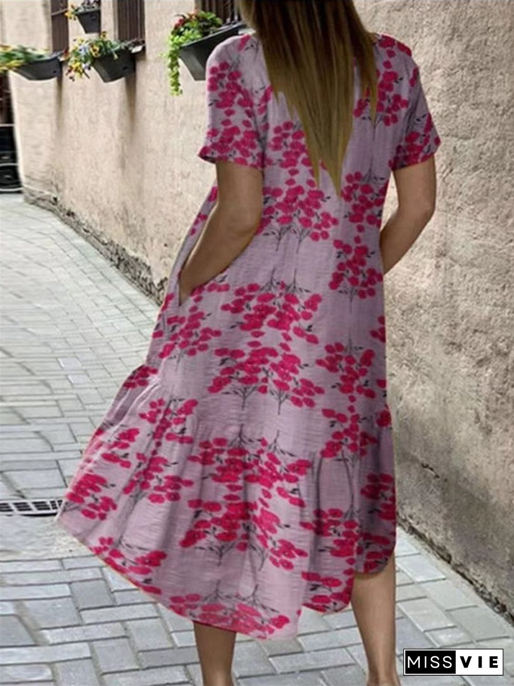 Flower Print Short Sleeve Plus Size Dress