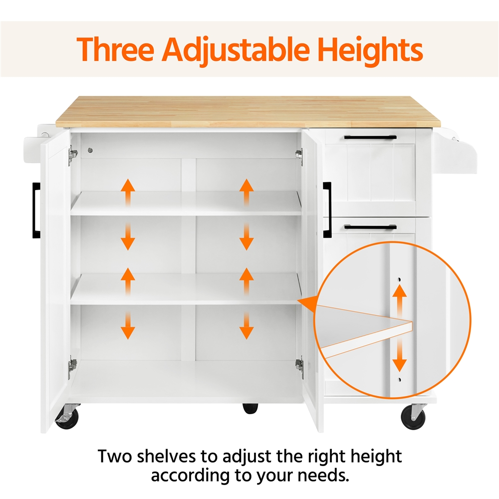 Topeakmart Wood Top Rolling Kitchen Cart Island with Storage Cabinet and 3 Drawers and Spice Rack， White