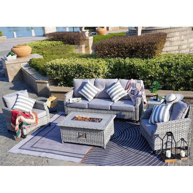 Braylee 5 piece Cushioned Patio Porch Sectional Set with Fire Pit and Rain cover