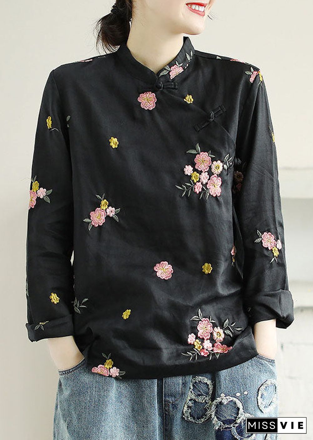 Black Patchwork Linen Shirt Top Embroideried Chinese Button Spring