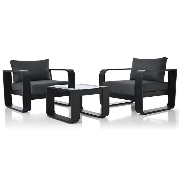 3 Pieces Patio Furniture Set，Tempered Glass Coffee Table with 2 Outdoor Upholstered Lounge Chairs