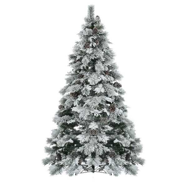 4/6/7.5FT PreLit Spruce Snow Flocked Christmas Tree，PE and PVC Artificial Lighted Xmas Tree with Cones，11 Flashing Modes