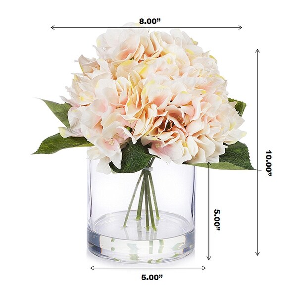 Enova Home Artificial Large Silk Hydrangea Fake Flowers Arrangement in Clear Glass Vase for Home Wedding Decoration