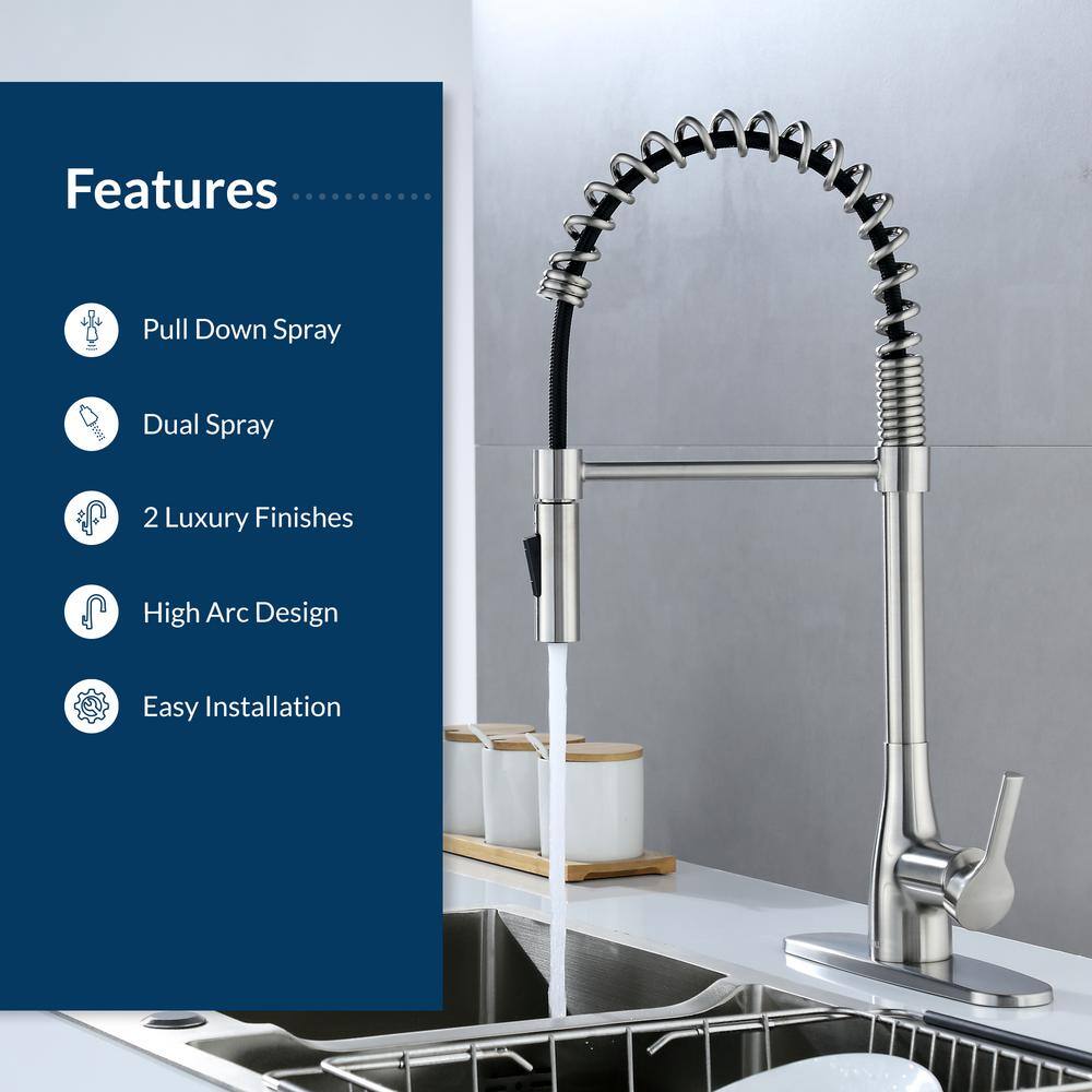 FLOW Classic Series Single-Handle Pull-Down Spring Neck Sprayer Kitchen Faucet in Brushed Nickel ClassSpring-BN