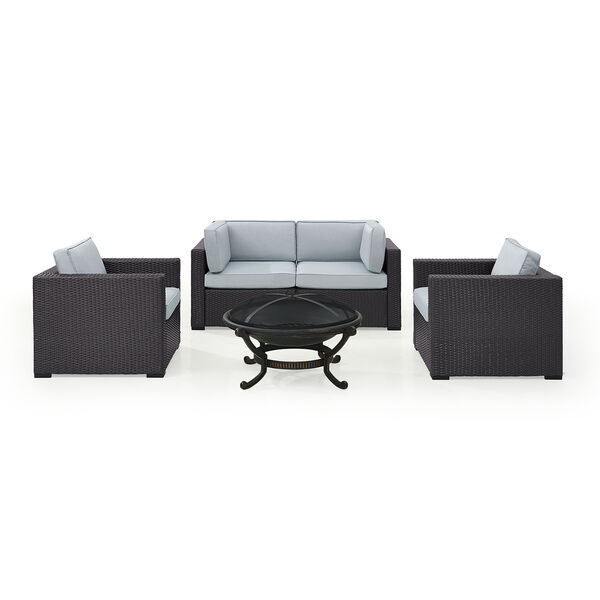 Biscayne 4 Person Outdoor Wicker Seating Set in Mist - Two Armchairs， Two Corner Chair， Ashland Firepit