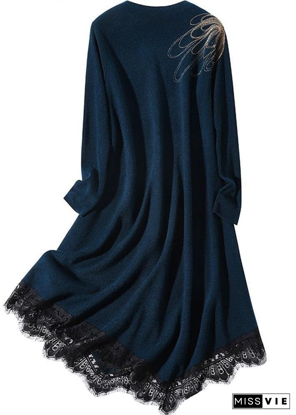 Casual Blue High Neck Lace Patchwork Knit Sweater Dress Long Sleeve