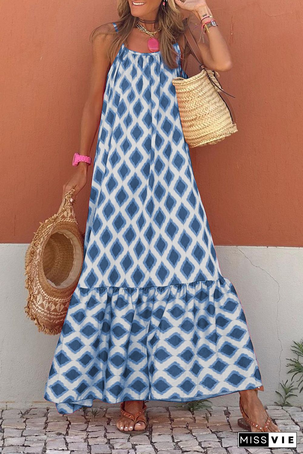 Blue Geometric Print Loose Fit Sleeveless Maxi Dress