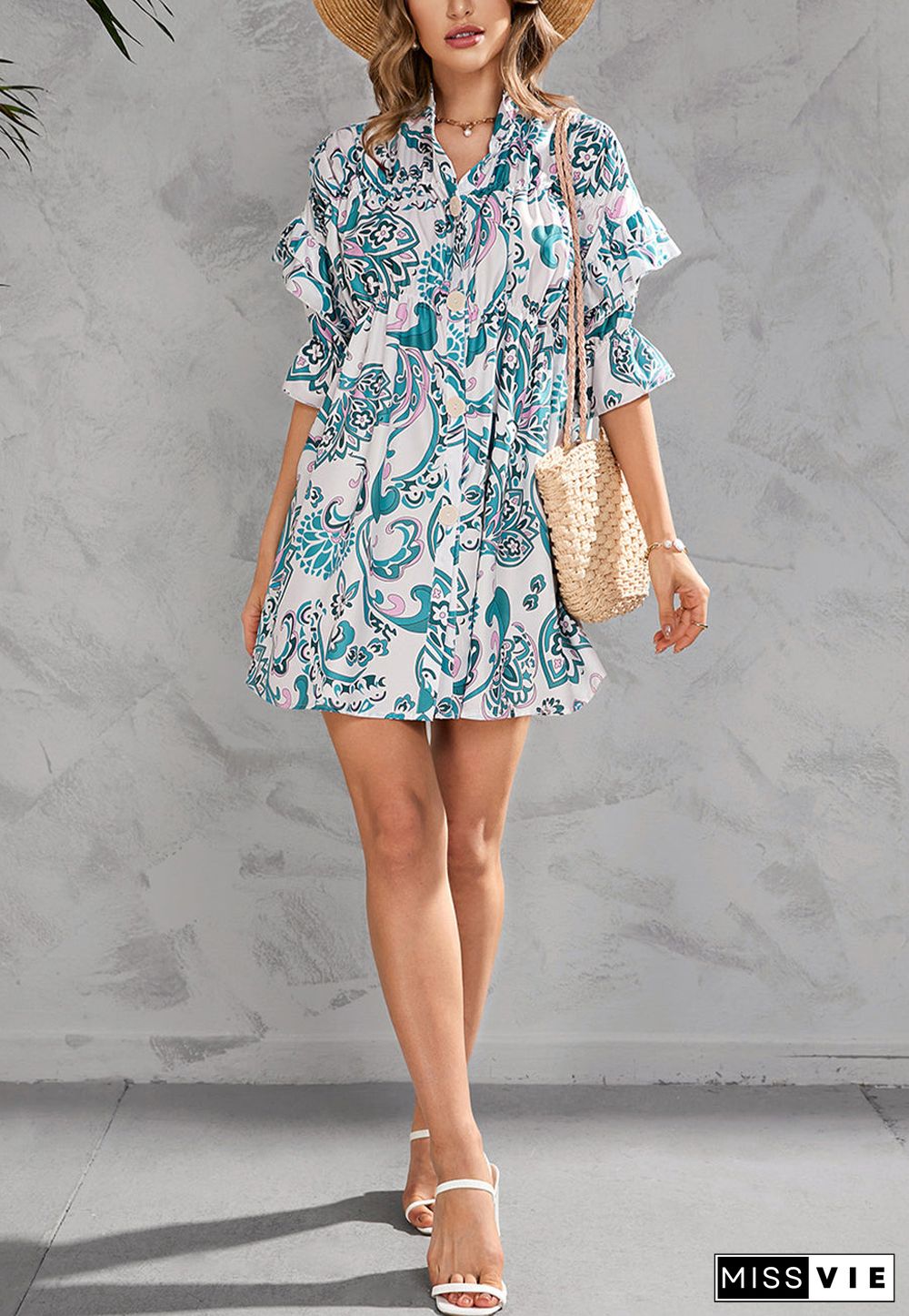 Printed Front Down Button Dress