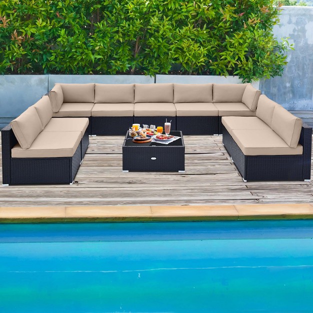 Costway 10 Pcs Patio Rattan Furniture Set Outdoor Wicker Sofa Table Cushioned Seat Black brown