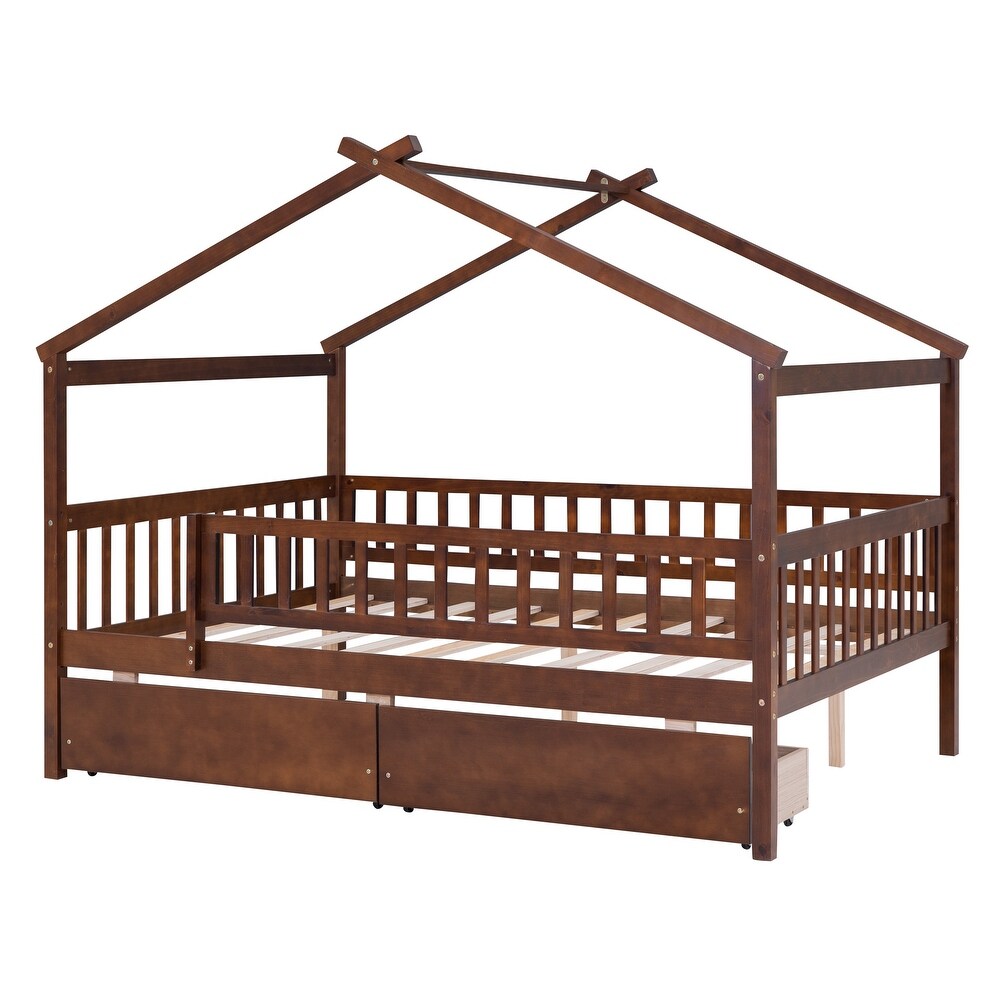 Full Size Wood Daybed with 2 Storage Drawers and Fence Guardrails  Kid's Bed with Wood Slats and House Shaped Frame