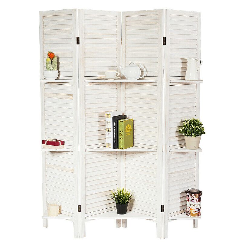 4 Panel Folding Room Divider Screen with 3 Display Shelves