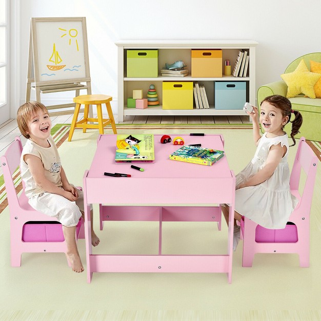 Costway 3 In 1 Kids Wood Table Chairs Set W Storage Box Blackboard Drawing Pink