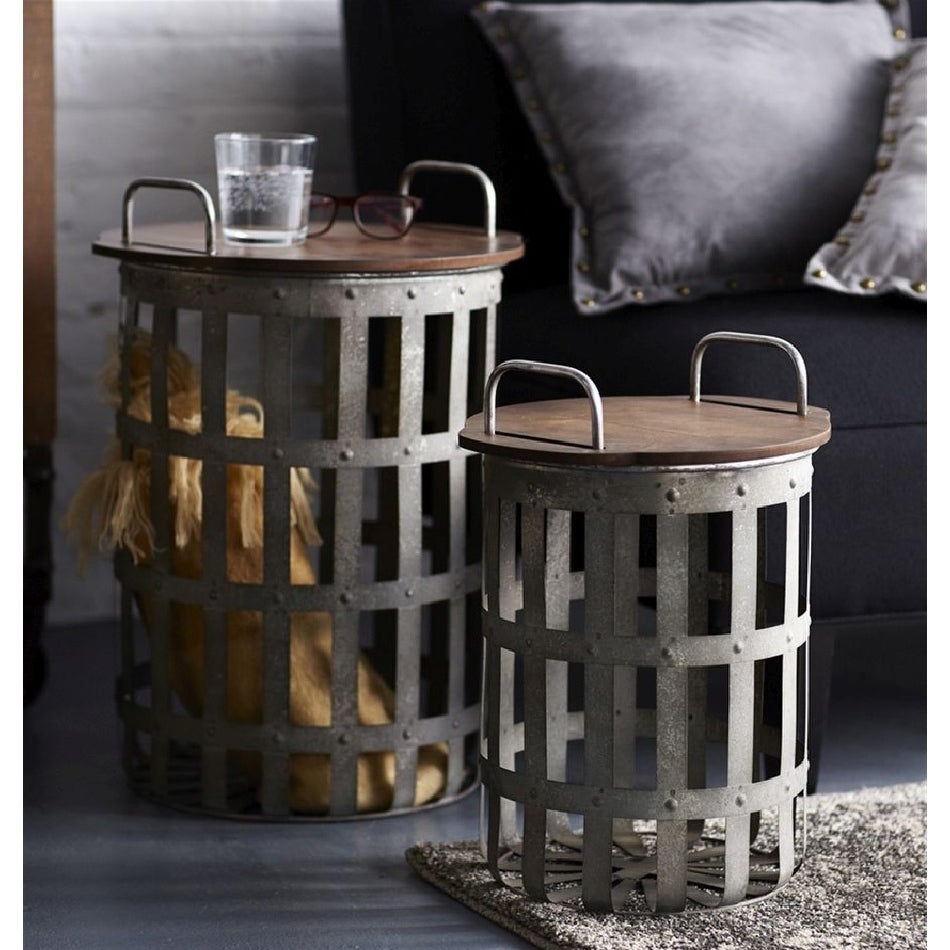 Set of 2 Rustic Caged Removable Top with Storage Side Tables 20.25”