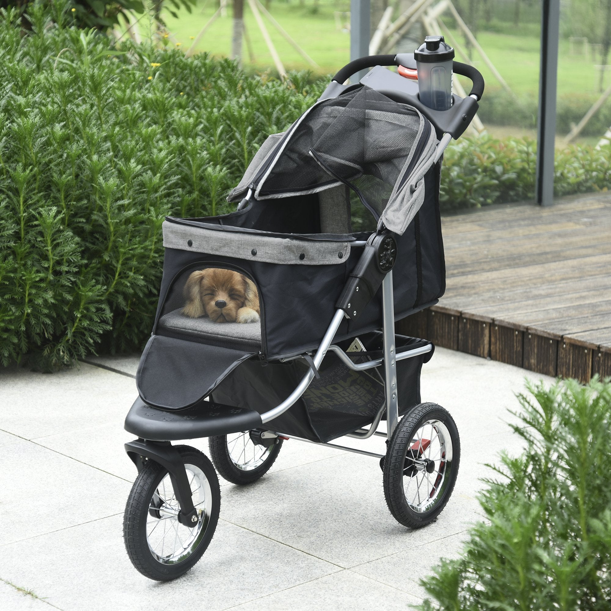 Luxury Folding Pet Stroller Dog/Cat Travel Carriage with Adjustable Canopy and a Zippered Mesh Window Door - Grey