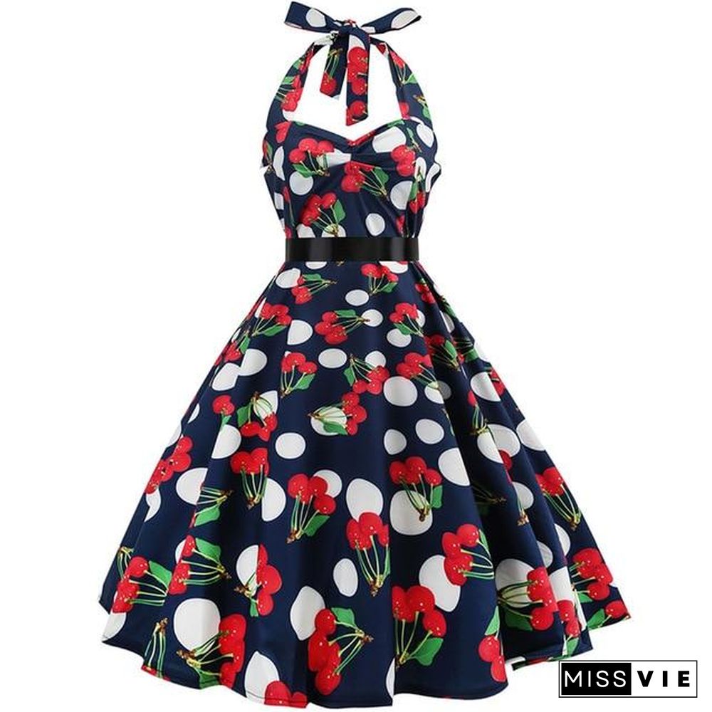 Sexy Halter Party Dress Retro Polka Dot Vintage Dresses Elegant Midi Dress