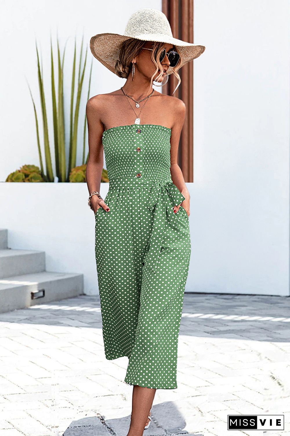 Polka Dot Off Shoulder Button Tie Waist Jumpsuit