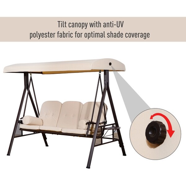 Outsunny Outdoor Patio 3Person Canopy Cushioned Seat Bench Swing with Included Side Trays and Padded Comfort