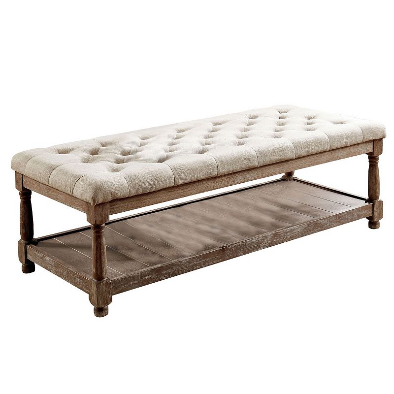 Button Tufted Fabric Upholstered Bench with Bottom Shelf， Beige and Brown