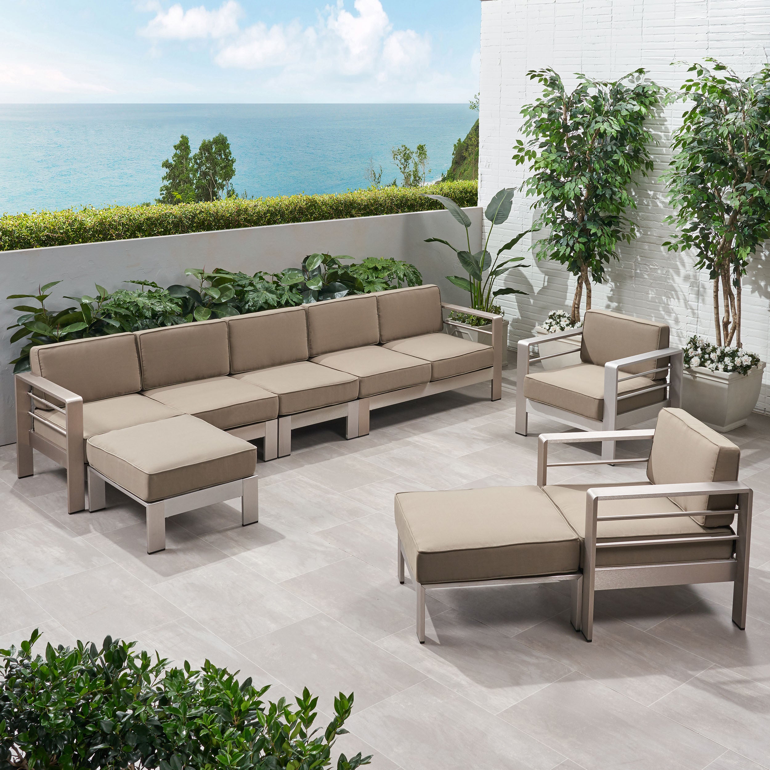 Danae Outdoor Modern 7 Seater Aluminum Chat Set with Ottomans, Silver and Khaki