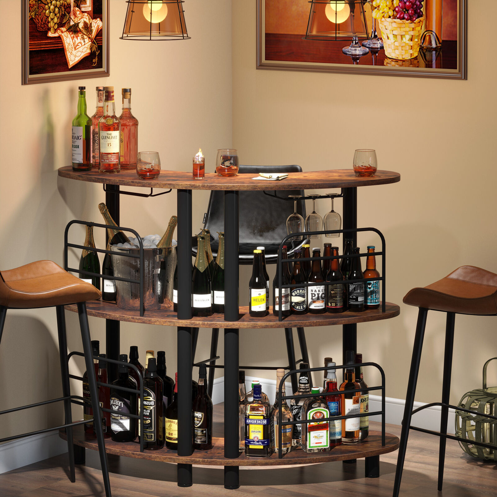 Tribesigns Bar Unit for Liquor 3 Tier Bar Table with Shelves and Wine Glasses Holder for Home Kitchen Rustic Brown