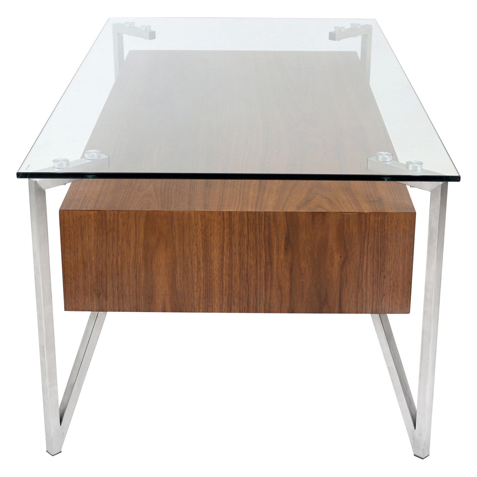 Hover Contemporary Coffee Table with Brushed Stainless Steel Frame, Walnut Wood Shelf, and Clear Glass Top