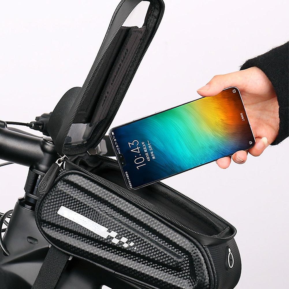 Waterproof bicycle front frame pouch with touchscreen