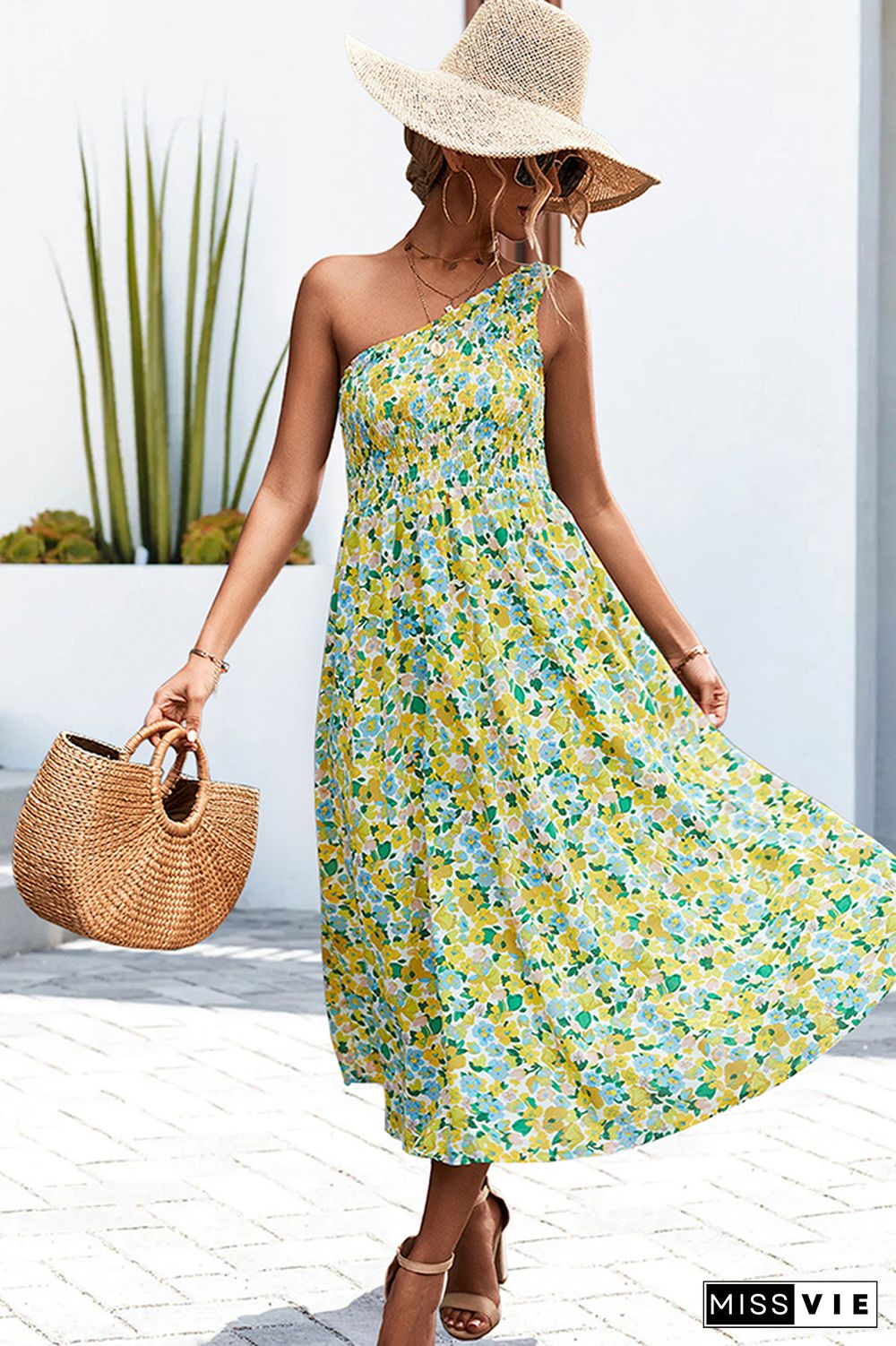 One SHoulder Flower Print Long Dress