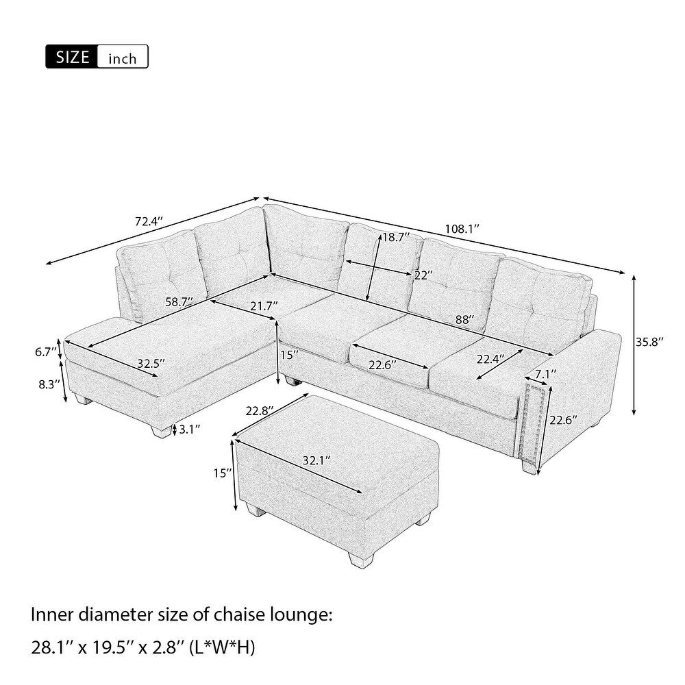 Reversible Sectional Sofa with Storage Ottoman  4 Seat L shape Couch