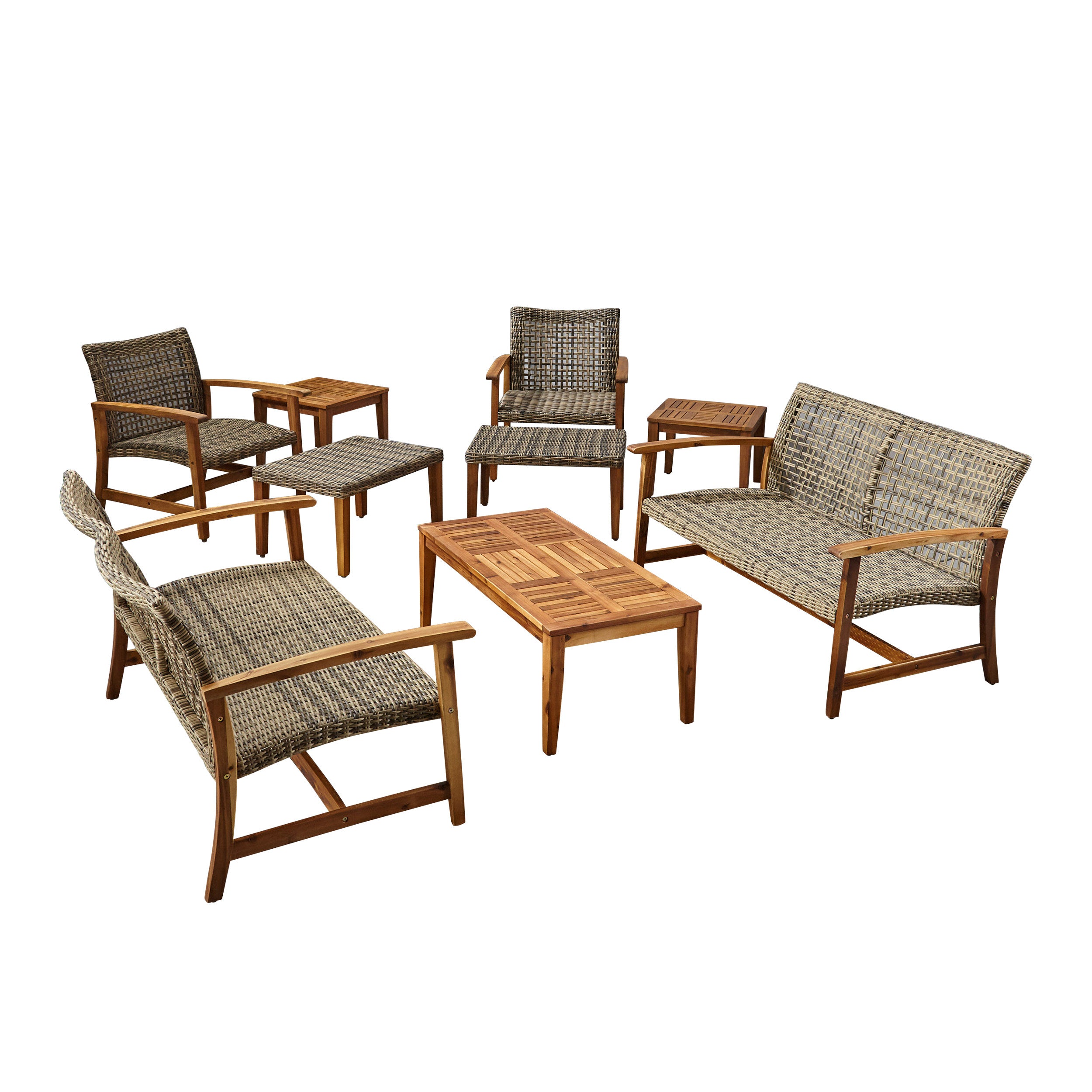 Alyssa Outdoor 9 Piece Wood and Wicker Chat Set