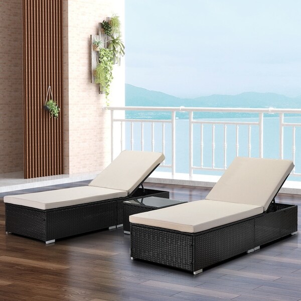 3-Piece Rattan Wicker Patio Chaise Lounge Set， 2 Adjustable Lounge Chaise and Side Table