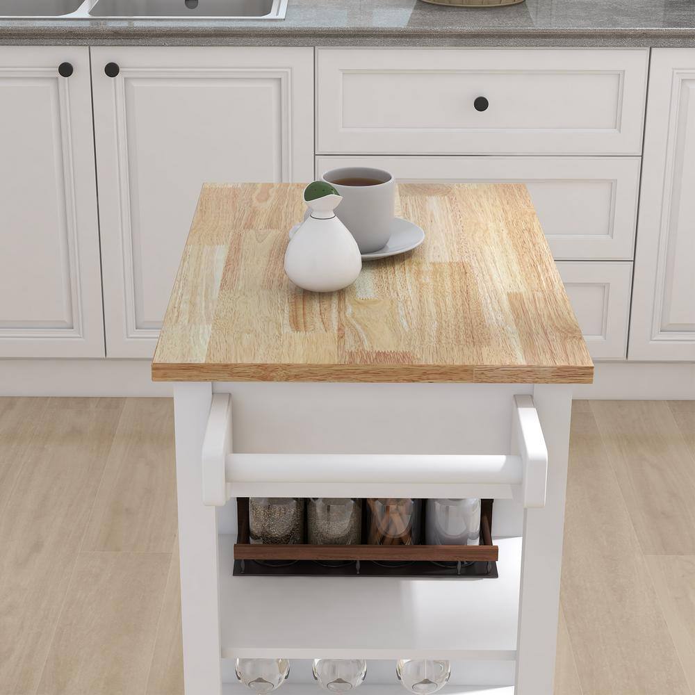 Tileon White Kitchen Island Cart with Rolling Wheel  Wood Table Top  Towel Rack Kitchen Trolley with Ample Storage Space AYBSZHD140