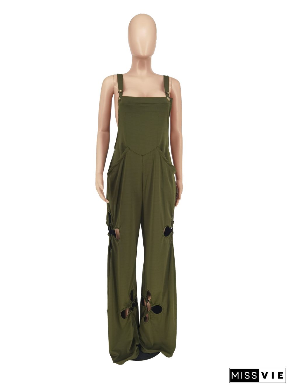 Solid Holes Loose Pockets Wide Leg Jumpsuits