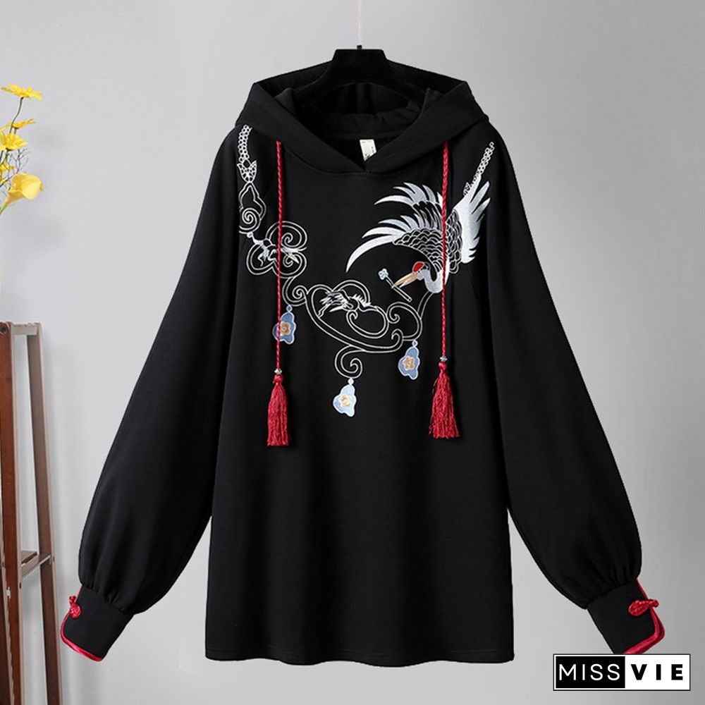 Vintage Crane Embroidery Plush Hooded Sweatshirt Dress