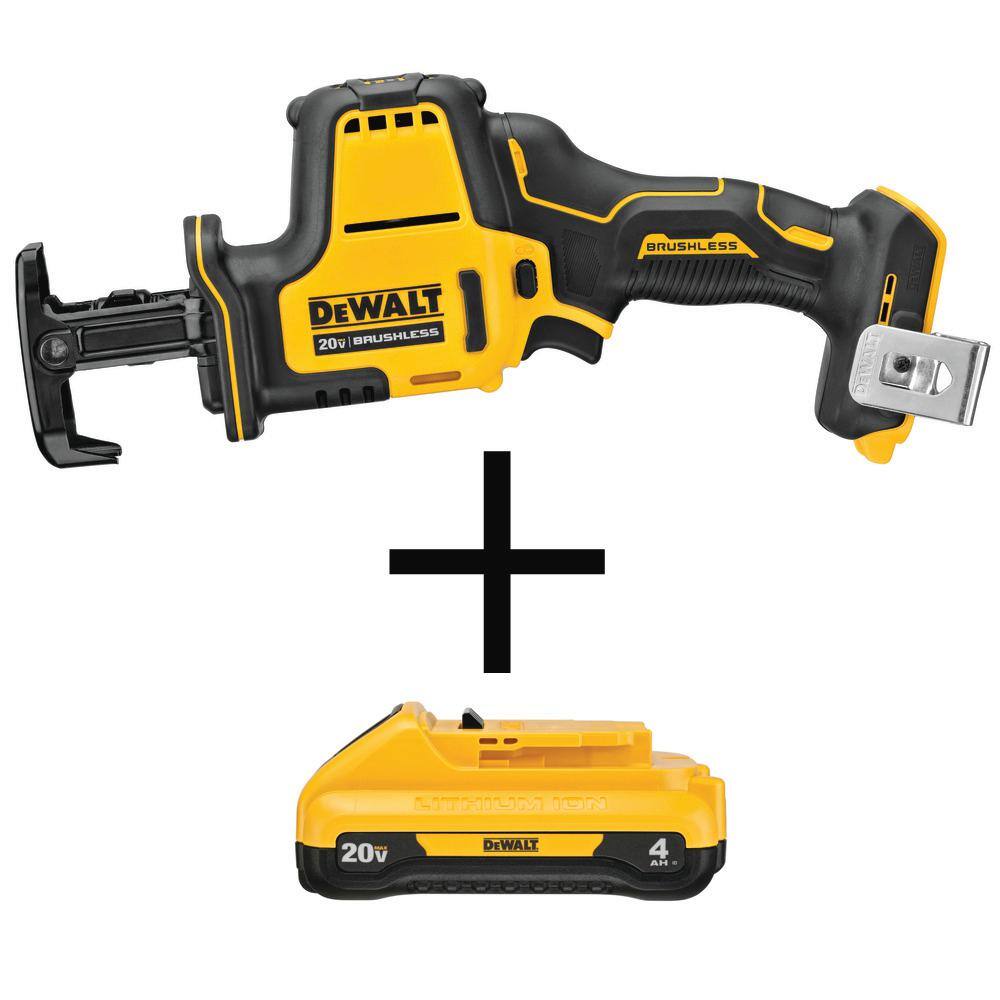 DW ATOMIC 20V MAX Cordless Brushless Compact Reciprocating Saw and (1) 20V MAX Compact Lithium-Ion 4.0Ah Battery DCS369BW240