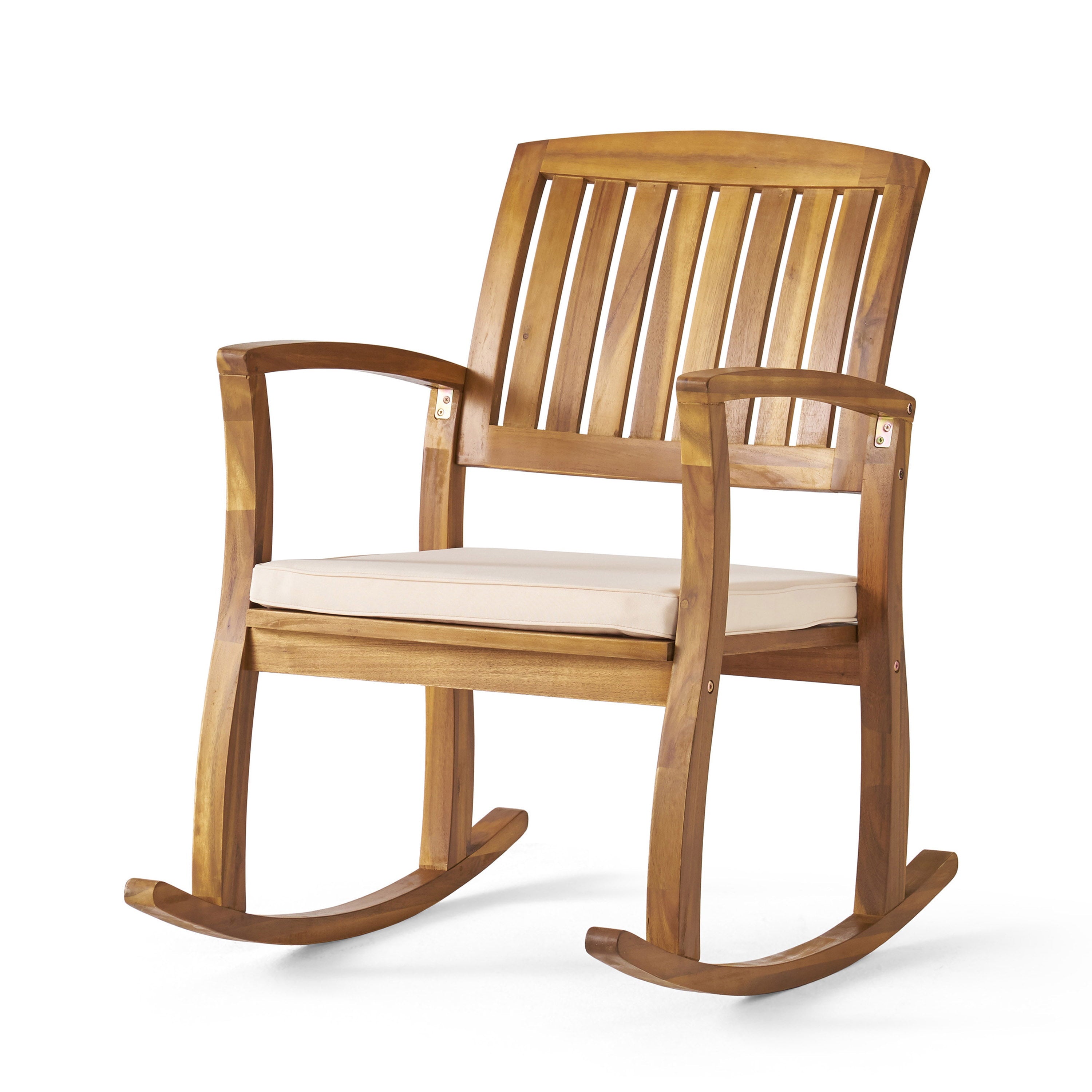 GDF Studio Amber Outdoor Acacia Wood Rocking Chair with Cushion, Teak and Cream Off-White