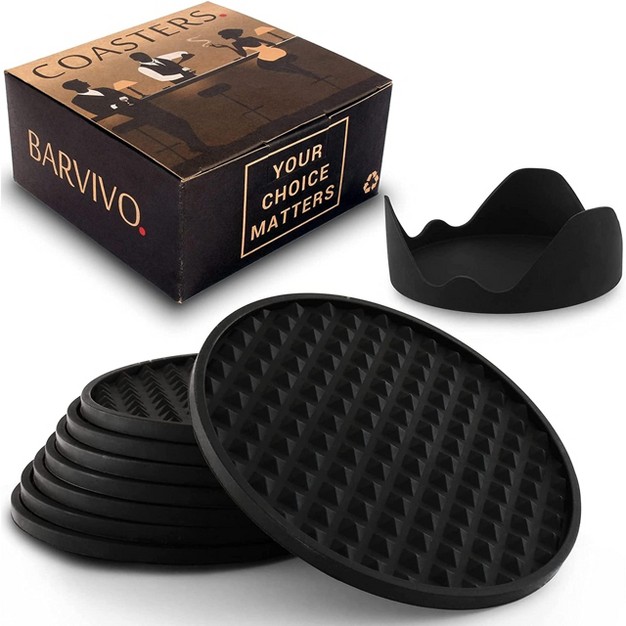 Barvivo Silicone Coasters For Drinks With Diamond Beveled Anti Slip Design Sets And Holder 8 Pack Black